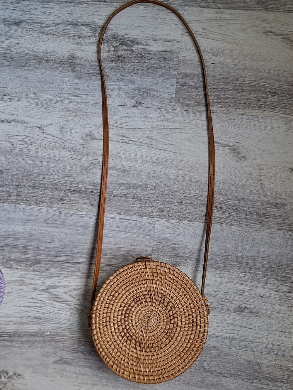 Round Woven Rattan Crossbody Bag | Boho Straw Purse | Tan Leather Strap